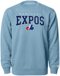 Montreal Expos MLB Bulletin Men Light Blue Match Up Chenille Premium Crew Sweater product image 1, provided for visual