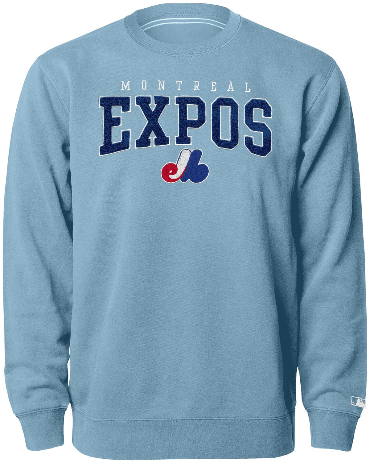 Montreal Expos MLB Bulletin Men Light Blue Match Up Chenille Premium Crew Sweater product image 1, provided for visual