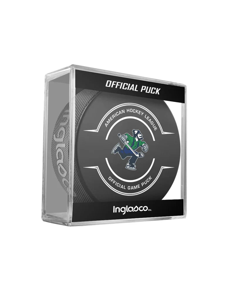 Abbotsford Canucks AHL Inglasco 2024-25 Officially Licensed Game Hockey Puck product image 1, provided for visual reference