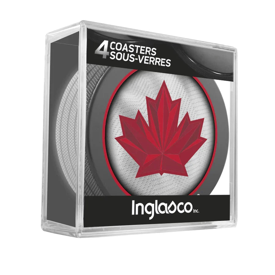 Hockey Canada IIHF Inglasco 2026 Winter Olympics 4 Pack Puck Coaster Set product image 1, provided for visual reference and