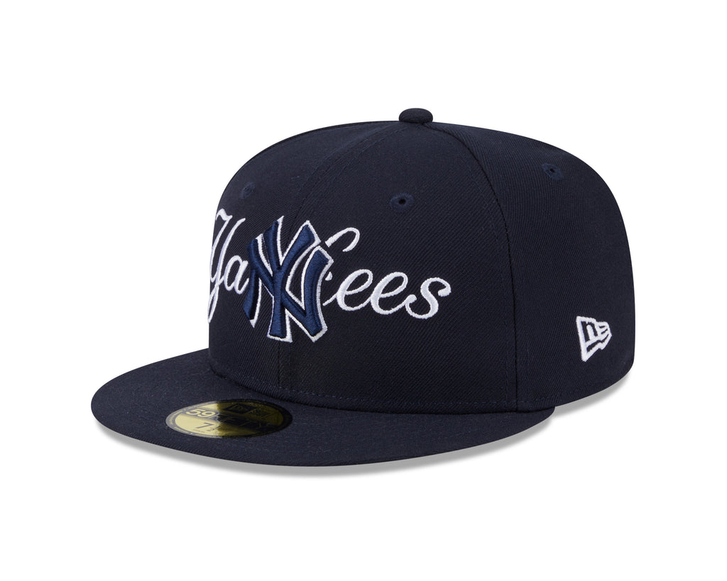 New York Yankees MLB New Era Men Dark Navy 59Fifty Overlap Scipt Fitted Hat product image 1, provided for visual reference