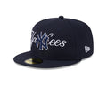 New York Yankees MLB New Era Men Dark Navy 59Fifty Overlap Scipt Fitted Hat product image 1, provided for visual reference