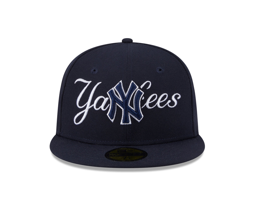 New York Yankees MLB New Era Men Dark Navy 59Fifty Overlap Scipt Fitted Hat product image 2, provided for visual reference