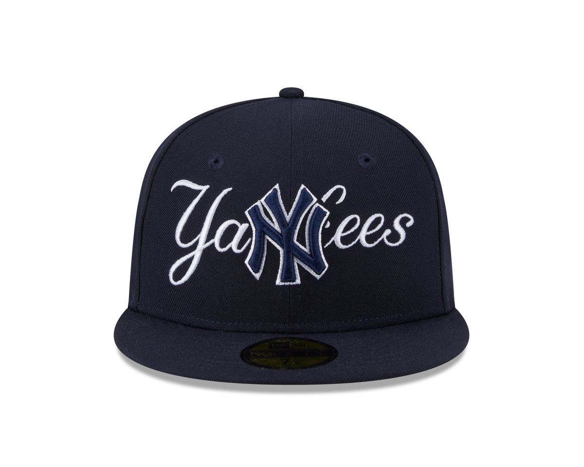New York Yankees MLB New Era Men Dark Navy 59Fifty Overlap Scipt Fitted Hat product image 2, provided for visual reference