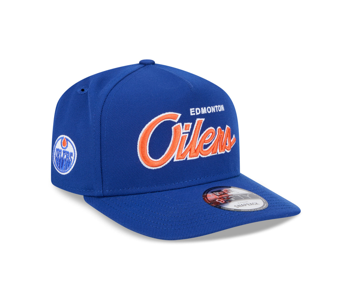 Edmonton Oilers NHL New Era Men Royal 9Fifty Script A-Frame Snapback Hat product image 1, provided for visual reference and