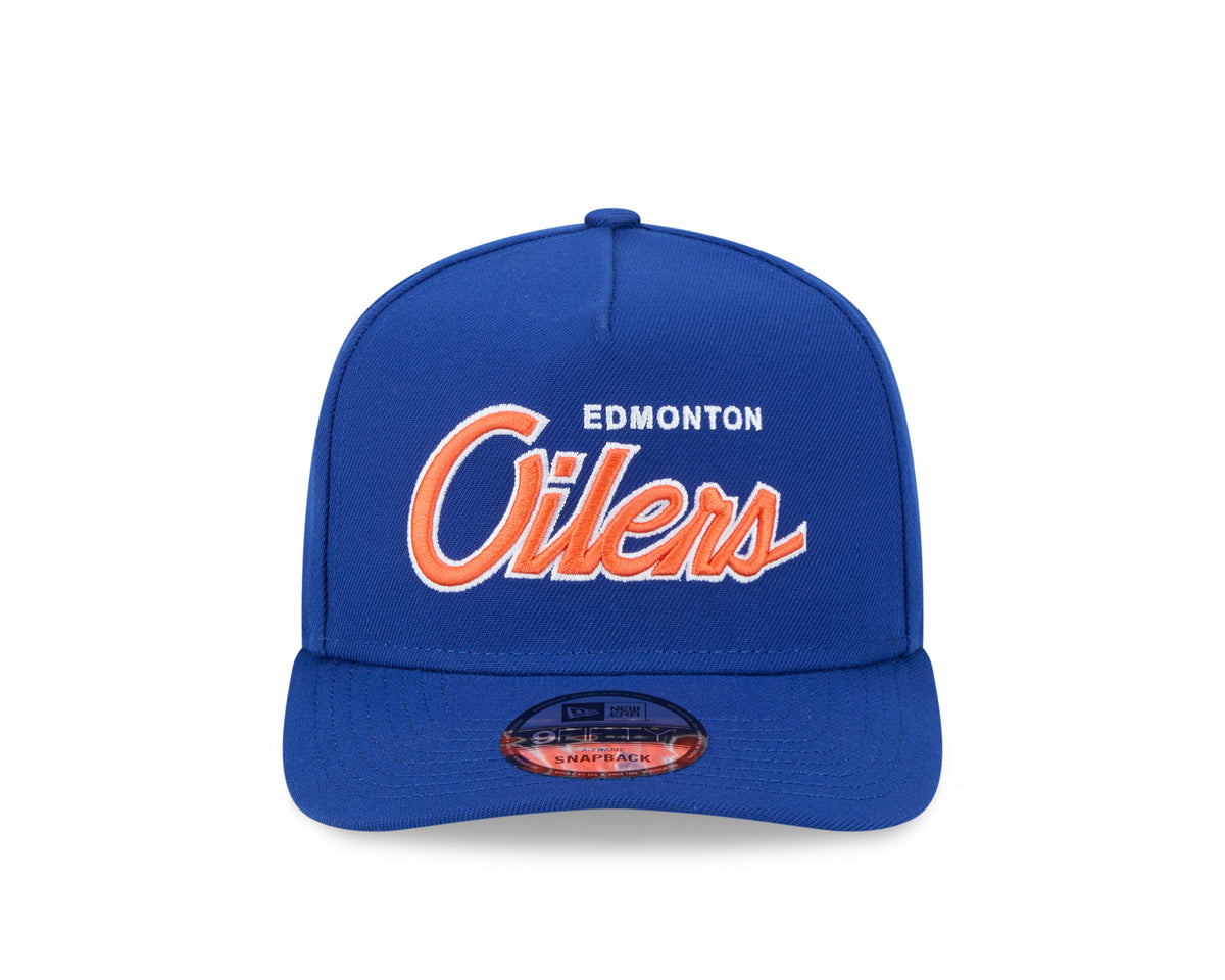 Edmonton Oilers NHL New Era Men Royal 9Fifty Script A-Frame Snapback Hat product image 7, provided for visual reference and