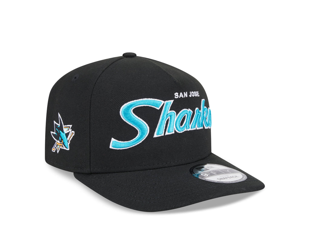 San Jose Sharks NHL New Era Men Black 9FIfty Script A-Frame Snapback product image 1, provided for visual reference and