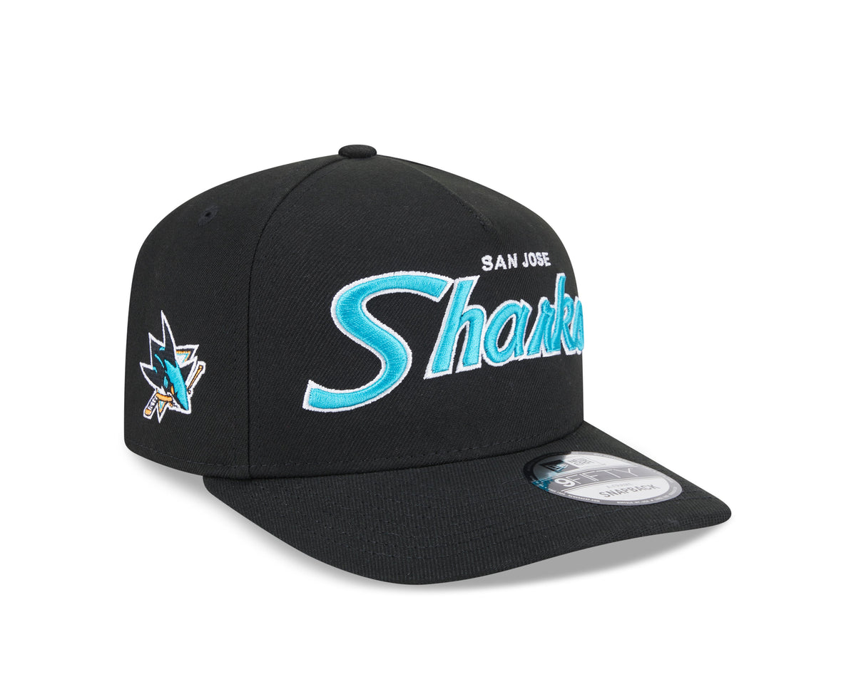 San Jose Sharks NHL New Era Men Black 9FIfty Script A-Frame Snapback product image 1, provided for visual reference and