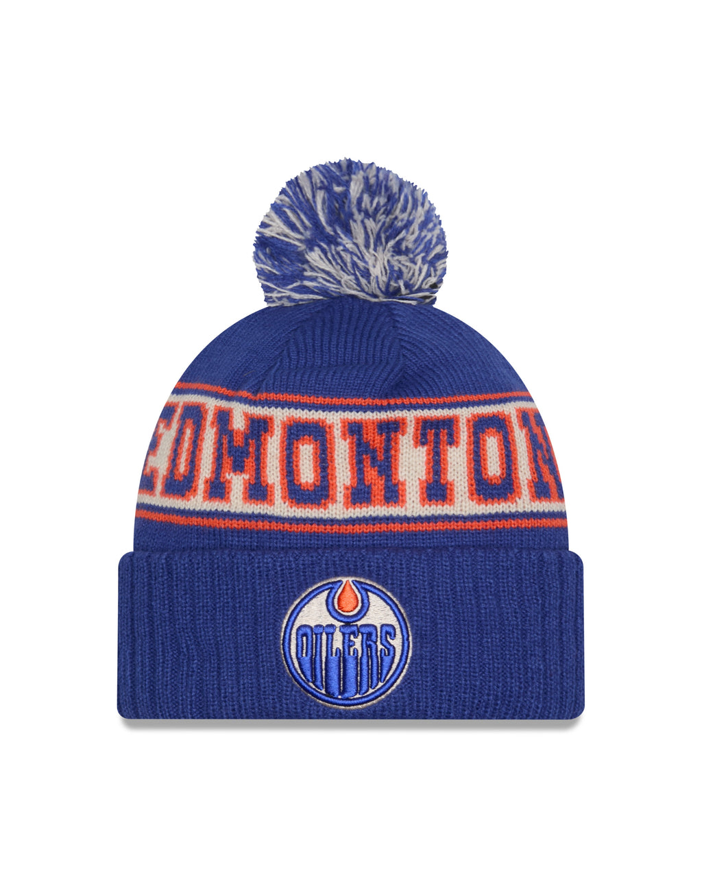 Edmonton Oilers NHL New Era Men Royal Blue Knit Pom Hat product image 1, provided for visual reference and product detail
