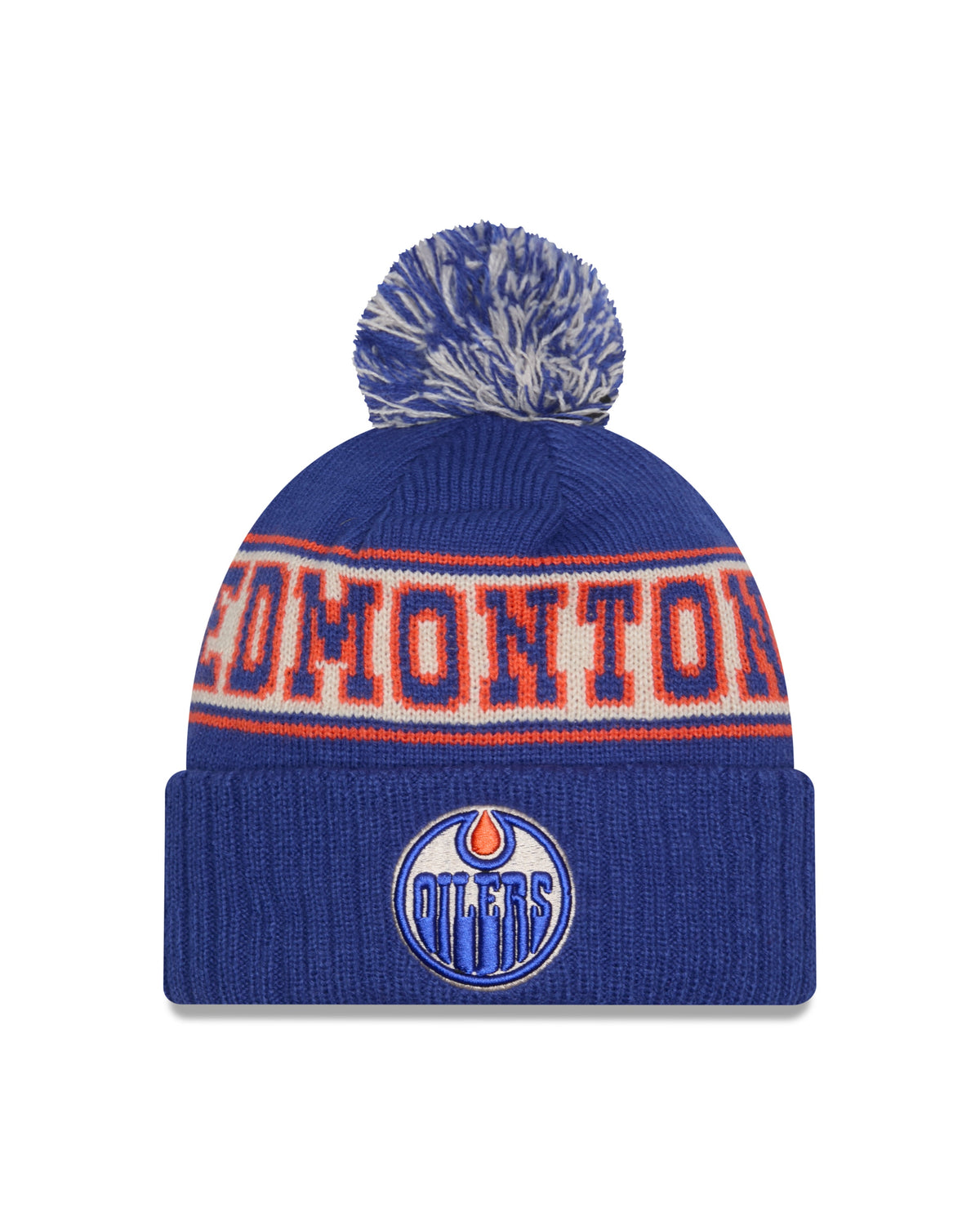 Edmonton Oilers NHL New Era Men Royal Blue Knit Pom Hat product image 1, provided for visual reference and product detail