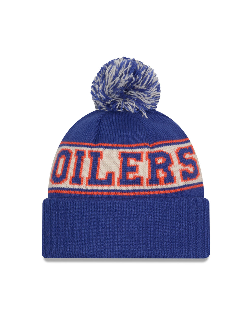 Edmonton Oilers NHL New Era Men Royal Blue Knit Pom Hat product image 2, provided for visual reference and product detail