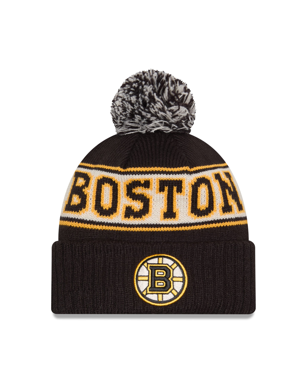 Boston Bruins NHL New Era Men Black Retro Knit Pom Hat product image 1, provided for visual reference and product detail