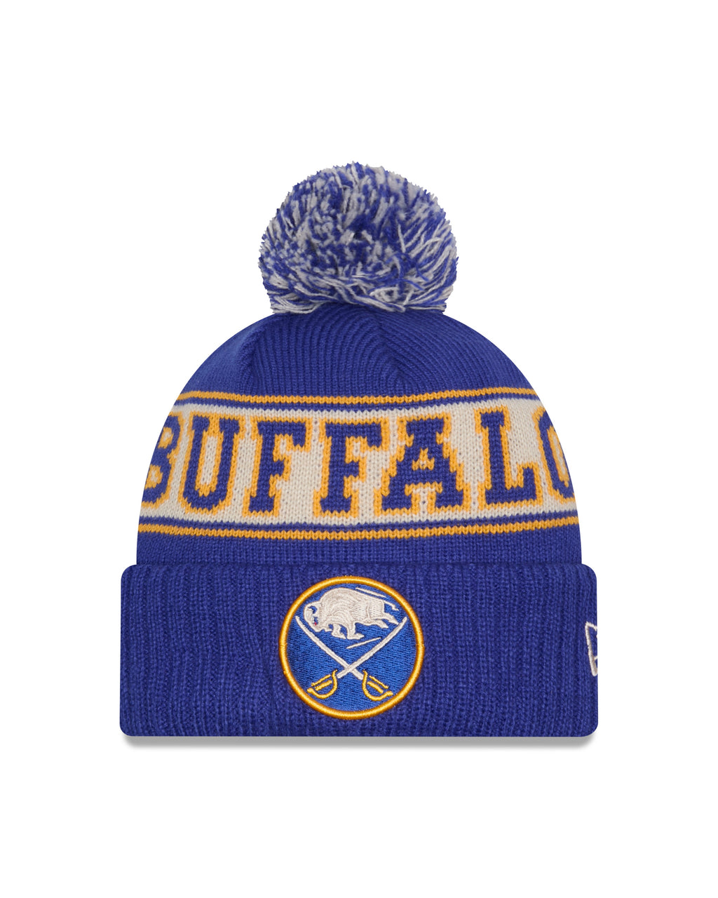 Buffalo Sabres NHL New Era Men Royal Retro Knit Pom Hat product image 1, provided for visual reference and product detail