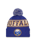 Buffalo Sabres NHL New Era Men Royal Retro Knit Pom Hat product image 1, provided for visual reference and product detail
