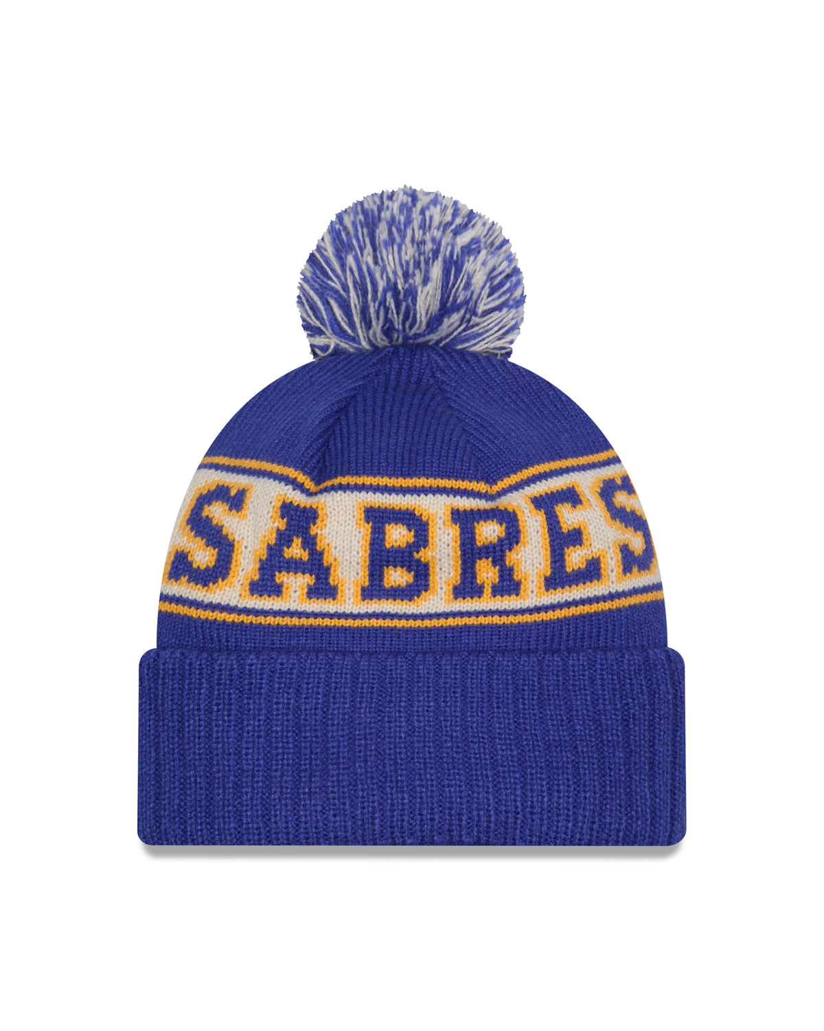 Buffalo Sabres NHL New Era Men Royal Retro Knit Pom Hat product image 2, provided for visual reference and product detail