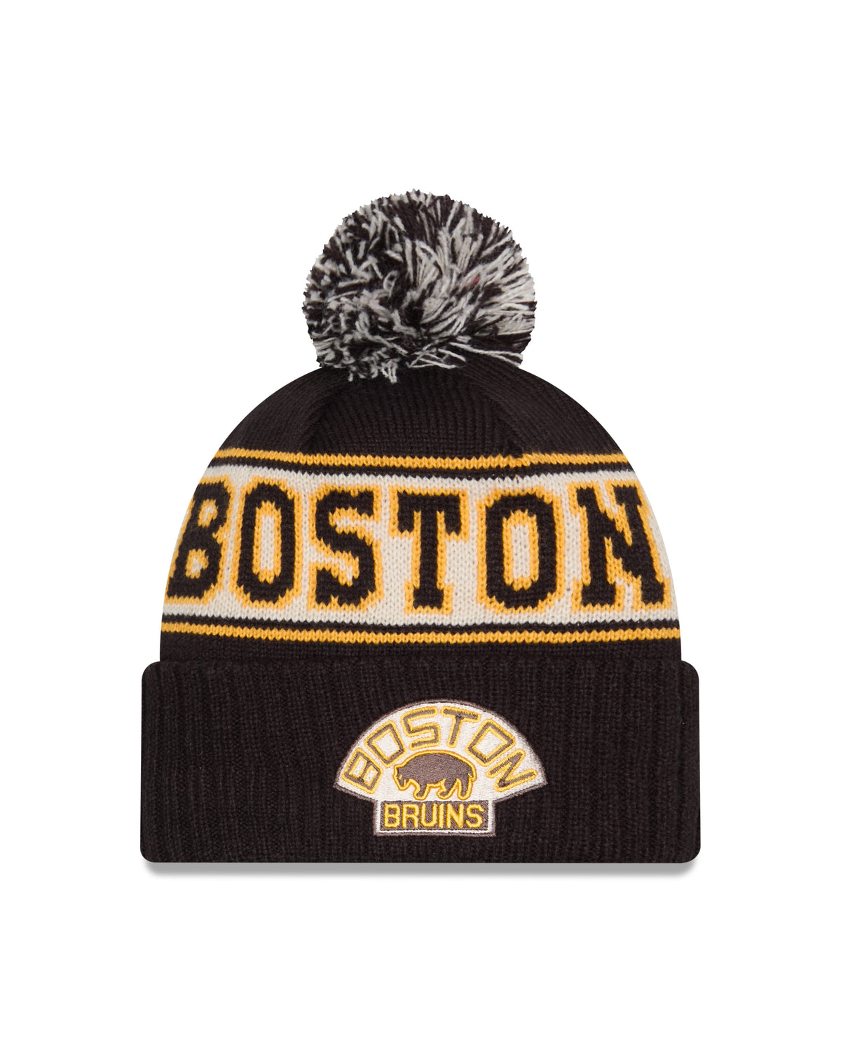 Boston Bruins NHL New Era Men Black Vintage Knit Pom Hat product image 1, provided for visual reference and product detail
