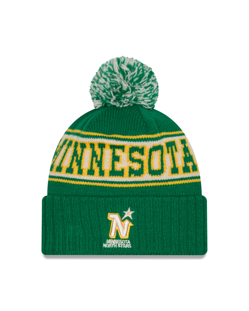 Minnesota North Stars NHL New Era Men Green Retro Knit Pom Hat product image 1, provided for visual reference and product