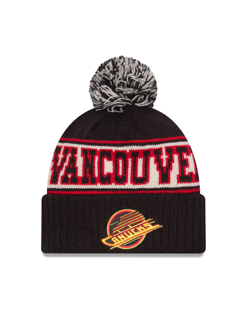 Vancouver Canucks NHL New Era Men Black Retro Knit Pom Hat product image 1, provided for visual reference and product detail