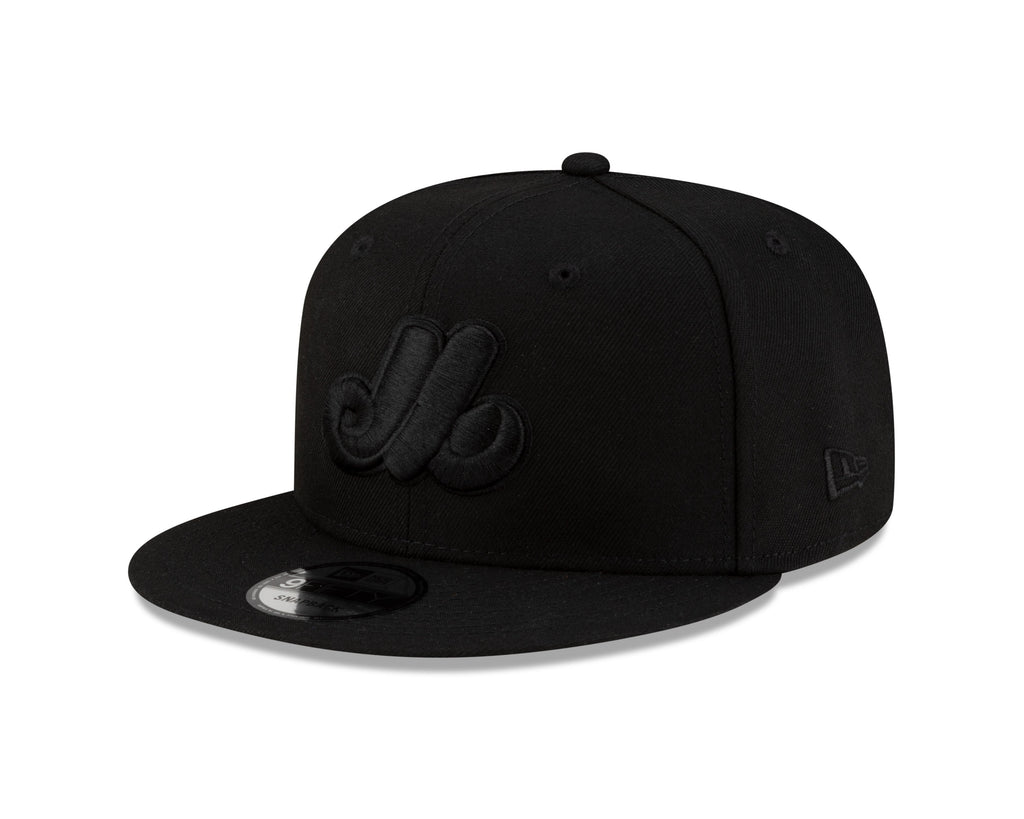 Montreal Expos MLB New Era Men Black on Black 59Fifty Fitted Hat product image 1, provided for visual reference and product