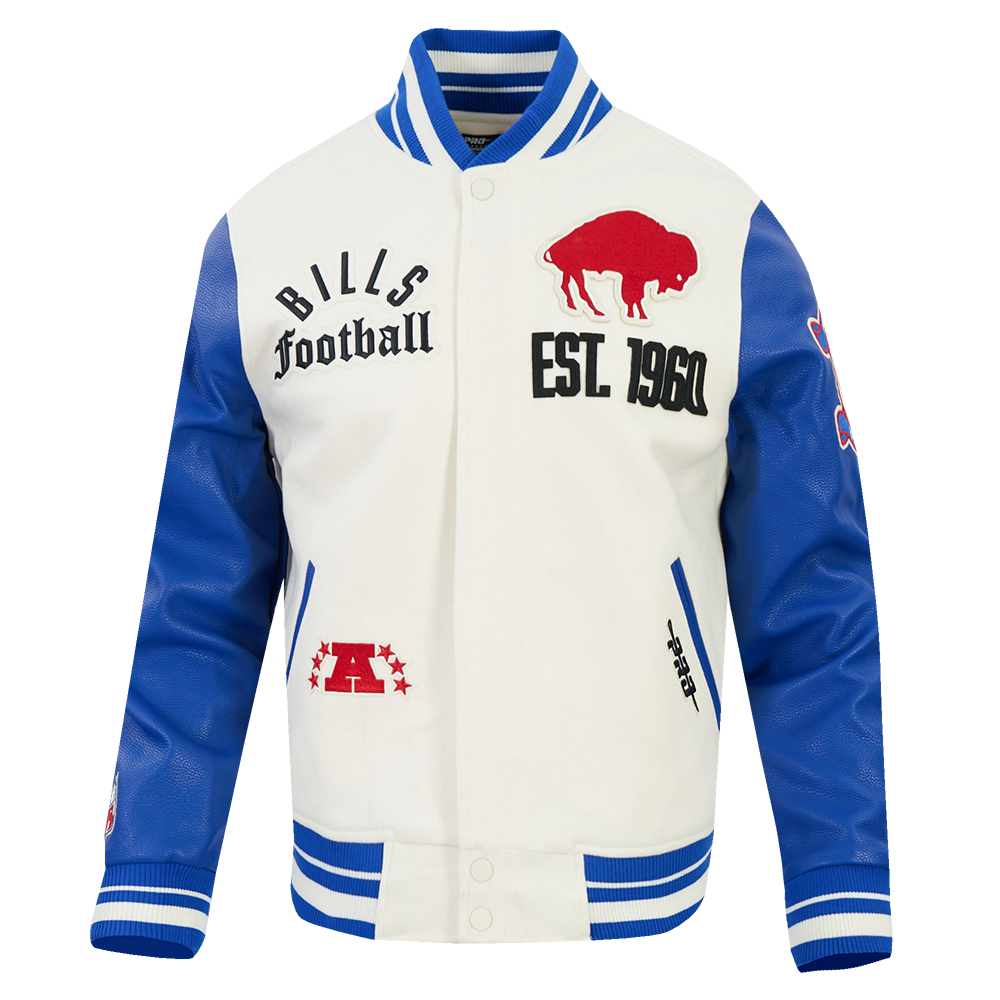 Buffalo Bills NFL Pro Standard Men Eggshell/Royal Blue Modern Originals Rib Wool Varsity Jacket product image 1, provided
