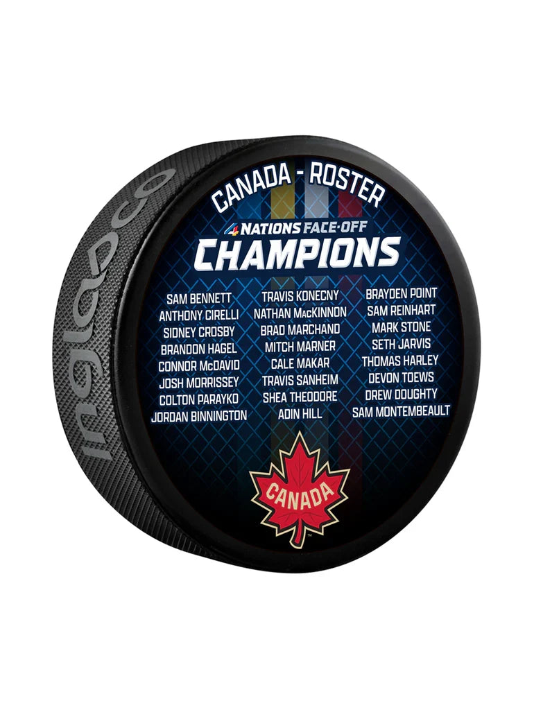 Canada NHL Inglasco 4 Nations Face-Off Champions Roster Hockey Puck product image 2, provided for visual reference and