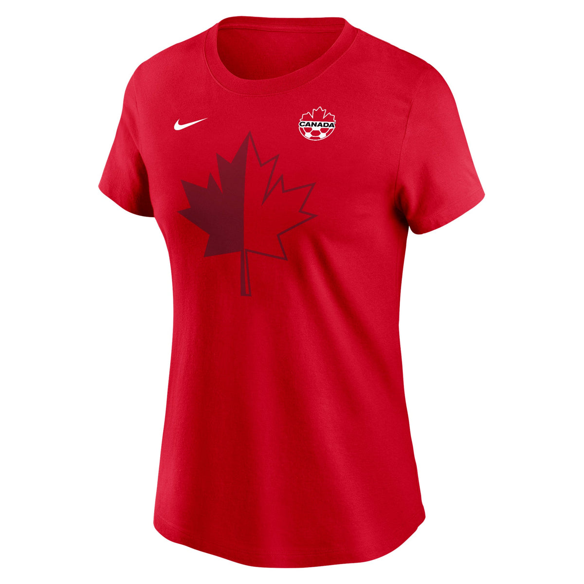 Canada Soccer FIFA Nike Women Red Core Leaf T-Shirt product image 1, provided for visual reference and product detail review