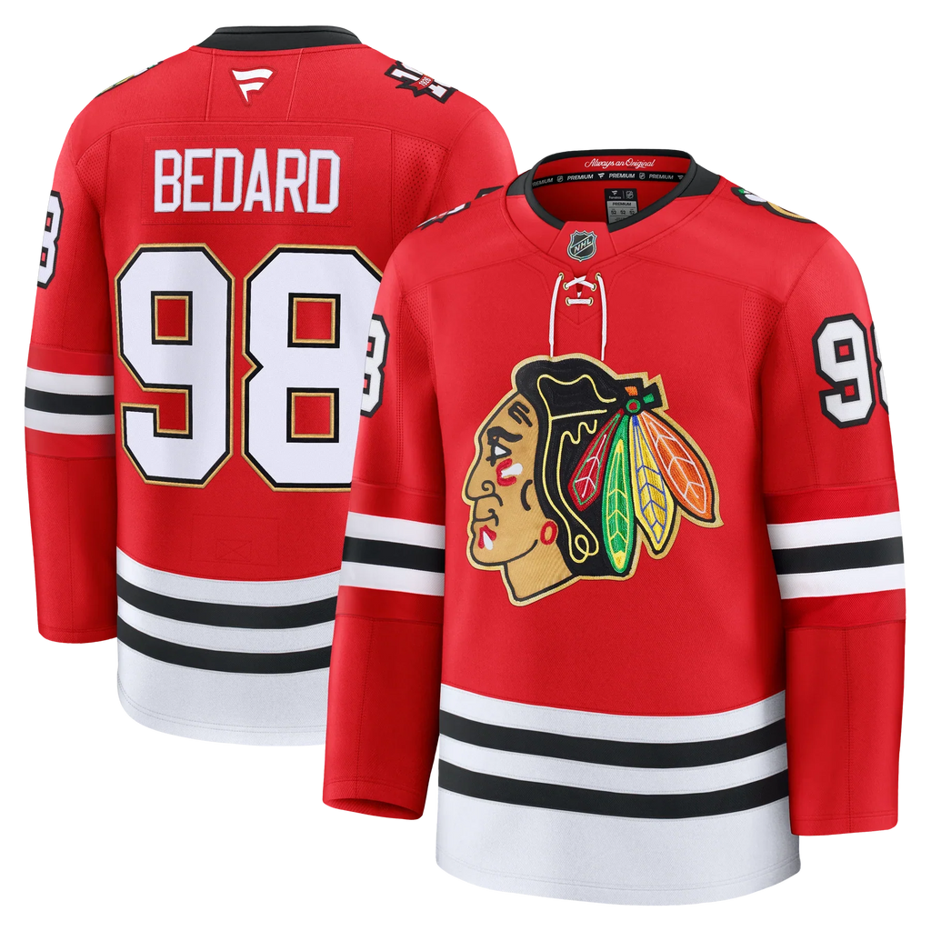 Connor Bedard Chicago Blackhawks NHL Fanatics Branded Men Red Centennial Premium Jersey product image 3, provided for visual