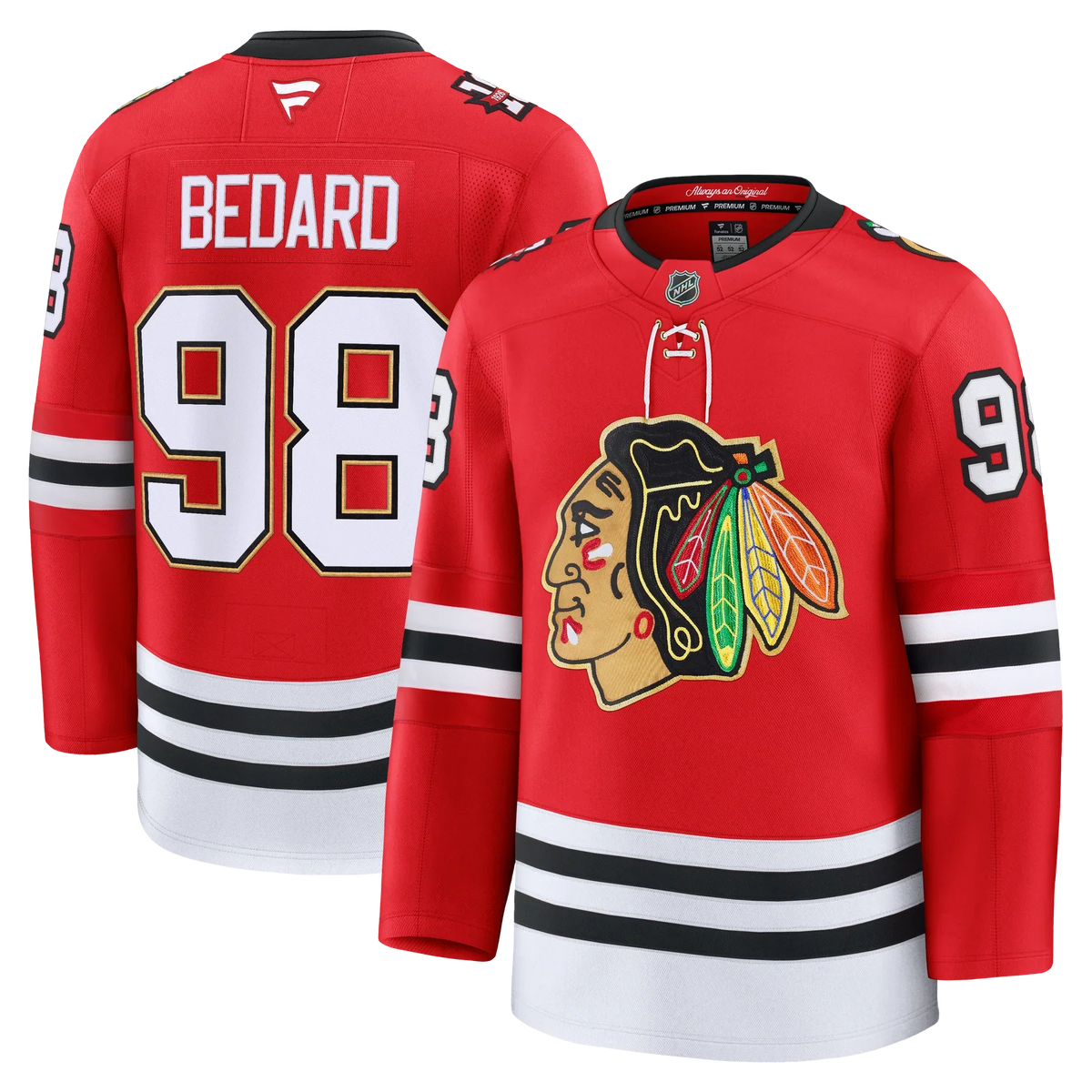 Connor Bedard Chicago Blackhawks NHL Fanatics Branded Men Red Centennial Premium Jersey product image 3, provided for visual
