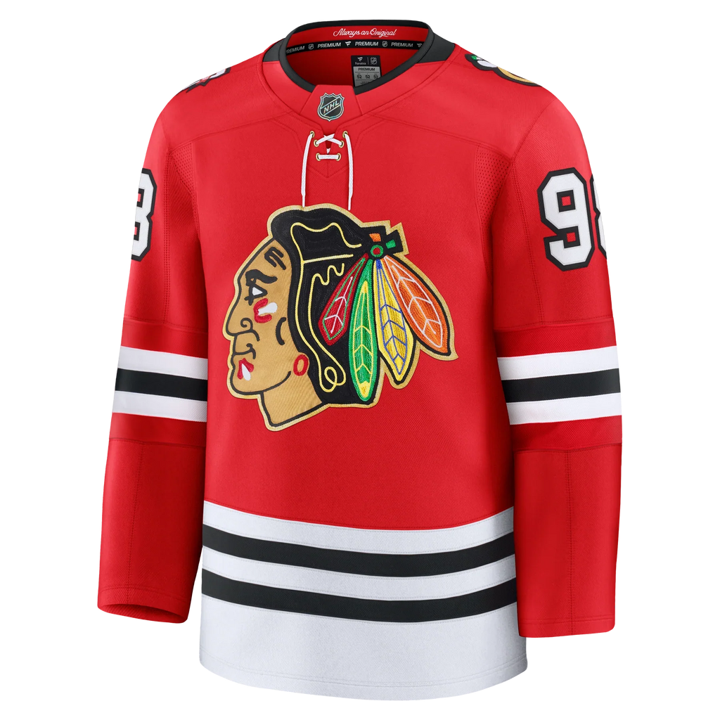 Connor Bedard Chicago Blackhawks NHL Fanatics Branded Men Red Centennial Premium Jersey product image 2, provided for visual