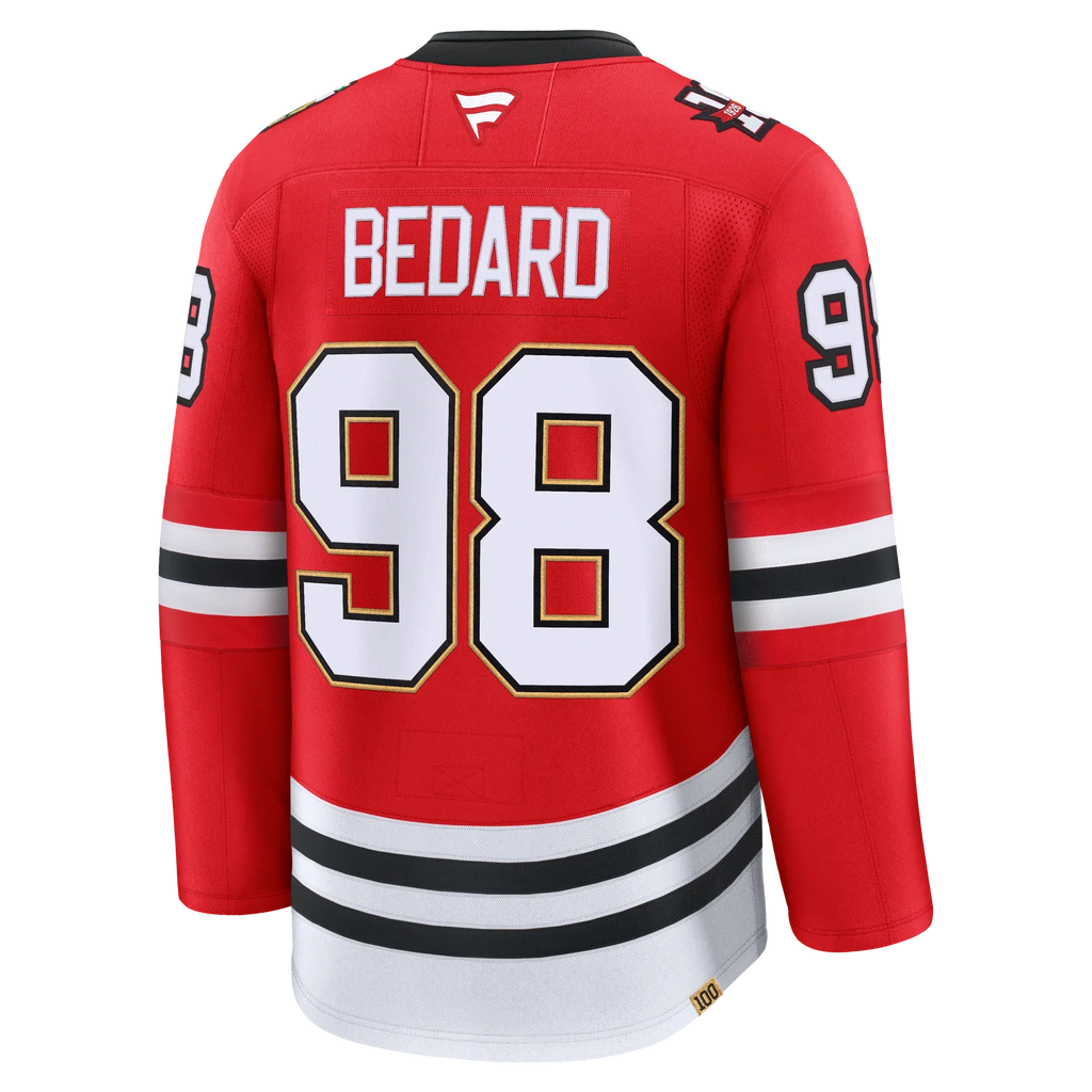 Connor Bedard Chicago Blackhawks NHL Fanatics Branded Men Red Centennial Premium Jersey product image 1, provided for visual