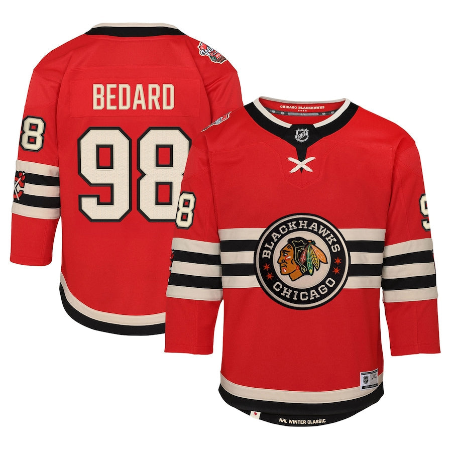 Connor Bedard Chicago Blackhawks NHL Outerstuff Youth Red 2024 Winter Classic Premier Jersey product image 1, provided for