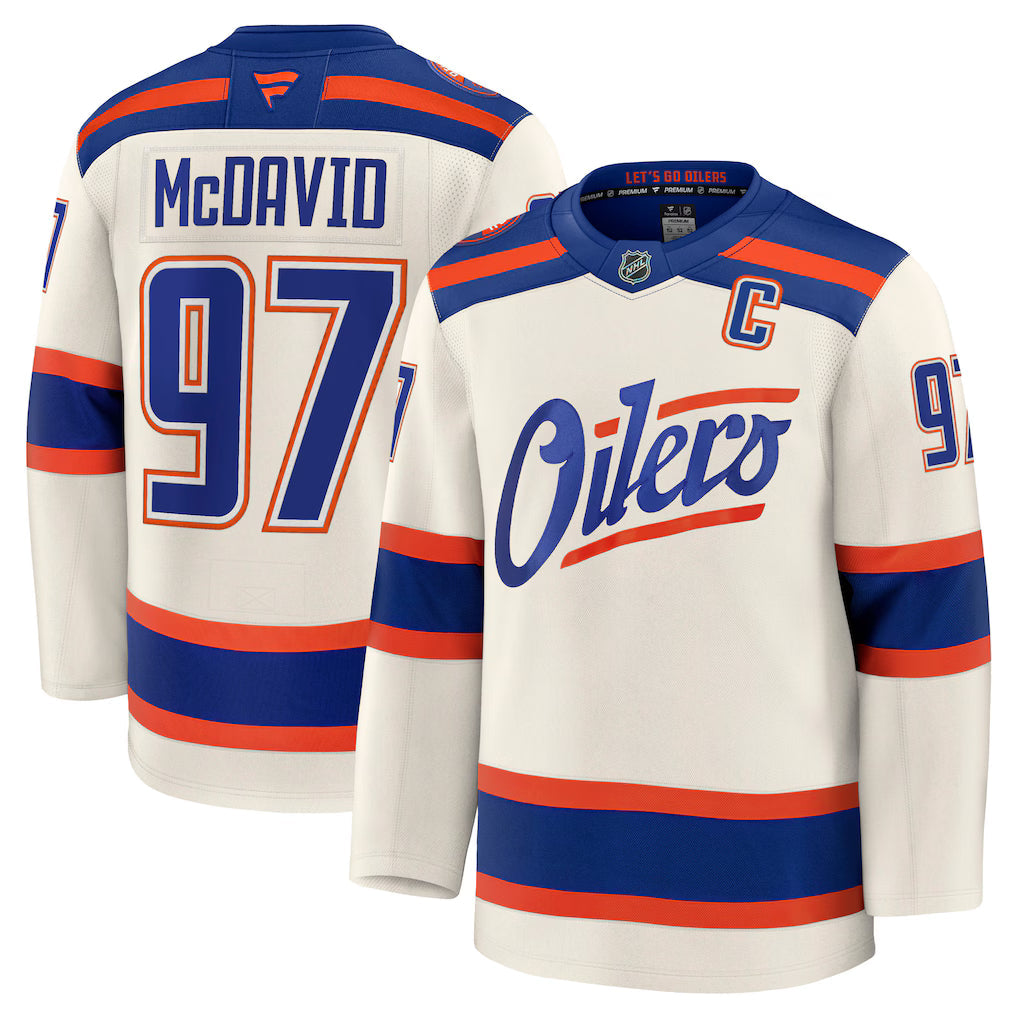 Connor McDavid Edmonton Oilers NHL Fanatics Branded Men Beige Alternate Premium Jersey product image 3, provided for visual