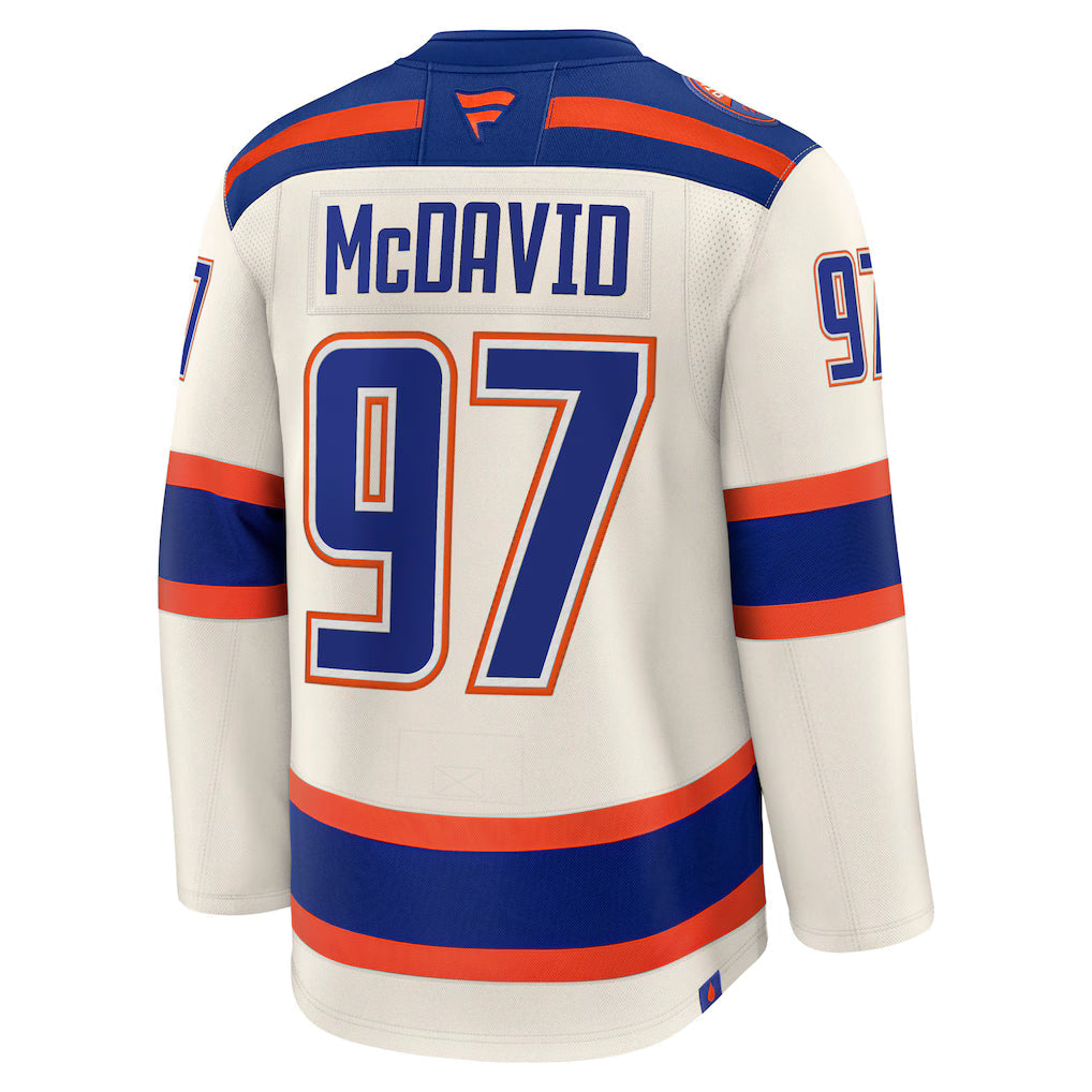 Connor McDavid Edmonton Oilers NHL Fanatics Branded Men Beige Alternate Premium Jersey product image 1, provided for visual
