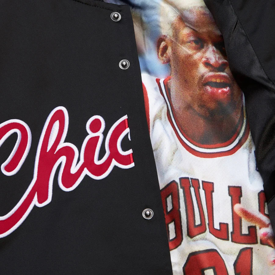 Dennis Rodman Chicago Bulls Mitchell & Ness Men’s Black/Red Lightweight Satin Jacket product image 2, provided for visual