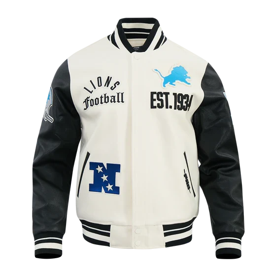 Detroit Lions NFL Pro Standard Men Eggshell/Black Modern Originals Rib Wool Varsity Jacket product image 1, provided for