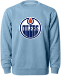 Edmonton Oilers NHL Bulletin Men Light Blue Twill Logo Express Crew Sweater product image 1, provided for visual reference