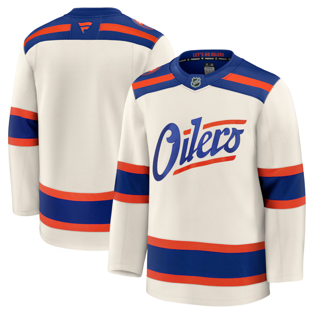 Edmonton Oilers NHL Fanatics Branded Men Beige Alternate Premium Jersey product image 3, provided for visual reference and