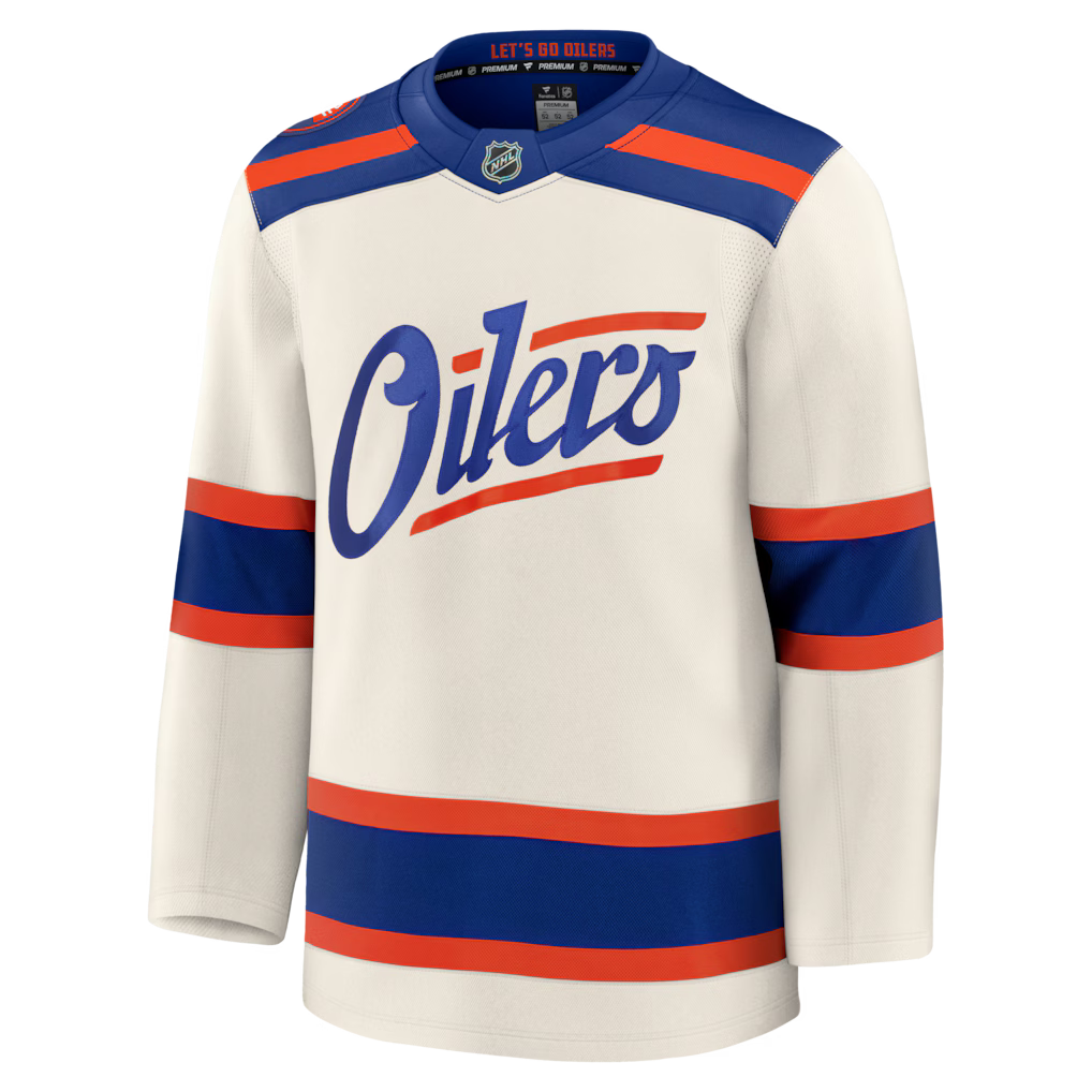 Edmonton Oilers NHL Fanatics Branded Men Beige Alternate Premium Jersey product image 1, provided for visual reference and