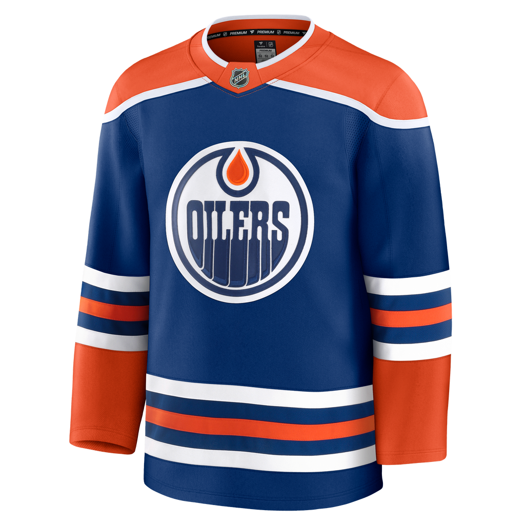 Edmonton Oilers NHL Fanatics Branded Men Royal Blue Premium Jersey product image 1, provided for visual reference and