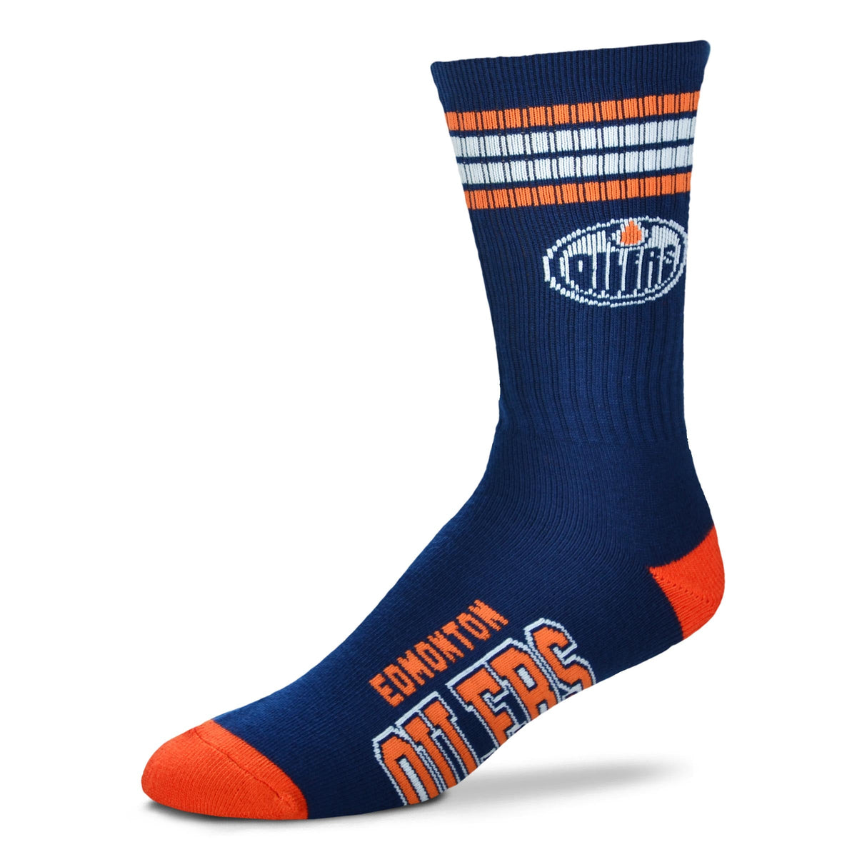Edmonton Oilers NHL For Bare Feet Men Navy 4 Stripe Deuce Crew Socks product image 1, provided for visual reference and