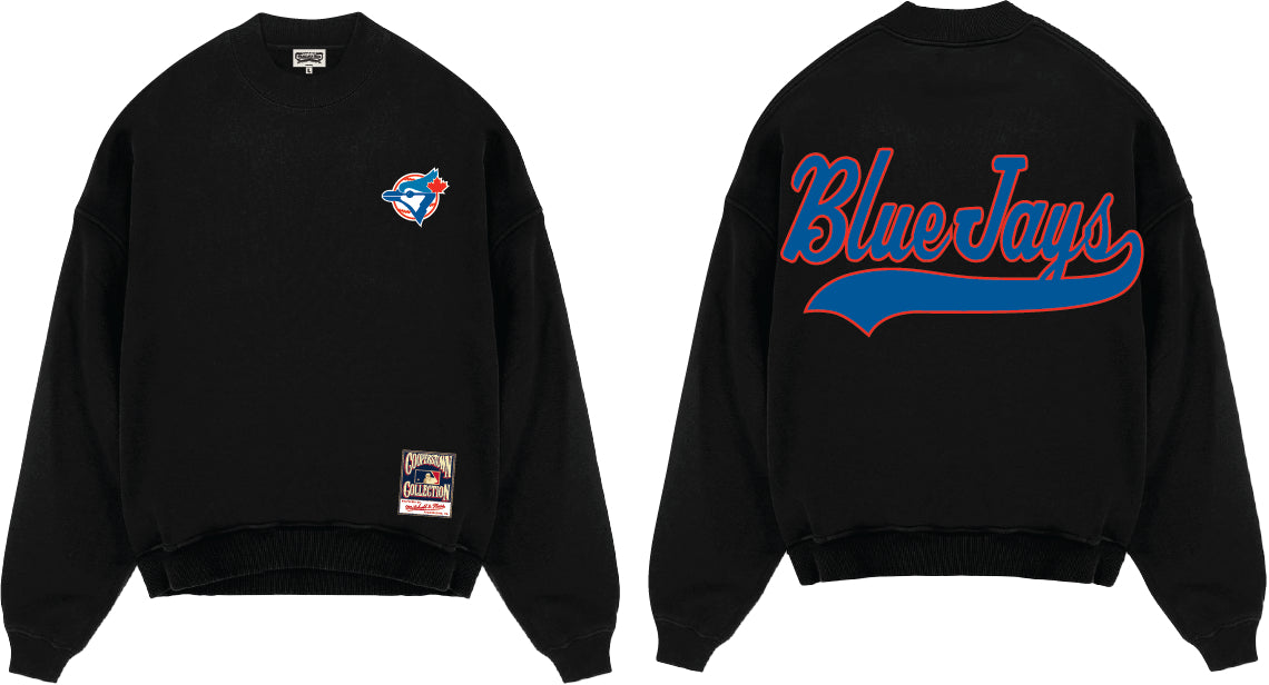 Toronto Blue Jays MLB Mitchell & Ness Men Black Oversweep Crew Sweater product image 1, provided for visual reference and