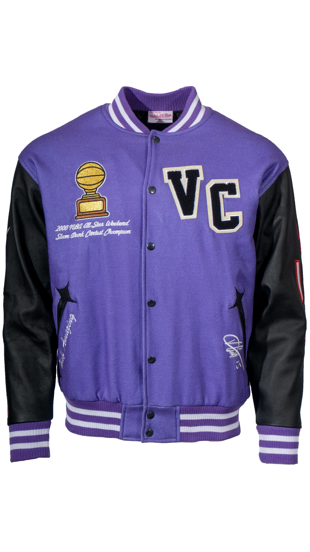Vince Carter Toronto Raptors NBA Mitchell & Ness Men’s Purple Black Varsity Jacket product image 1, provided for visual
