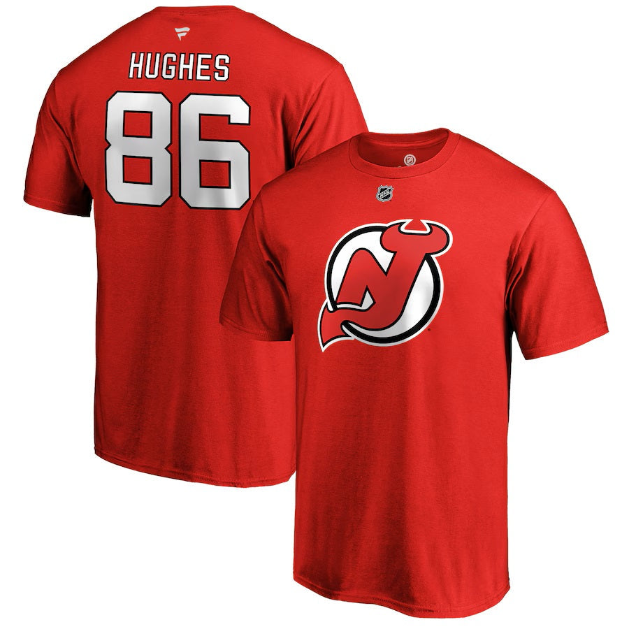 Jack Hughes New Jersey Devils NHL Fanatics Branded Men Red Authentic T Shirt product image 2, provided for visual reference