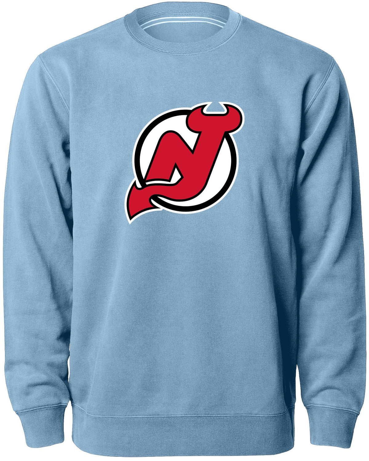 New Jersey Devils NHL Bulletin Men Light Blue Twill Logo Express Crew Sweater product image 1, provided for visual reference