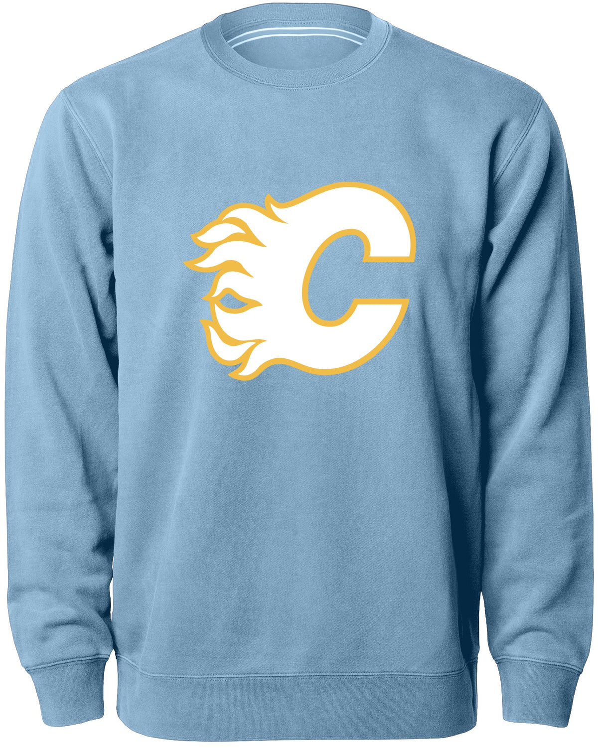 Calgary Flames NHL Bulletin Men Light Blue Twill Logo Express Crew Sweater product image 1, provided for visual reference