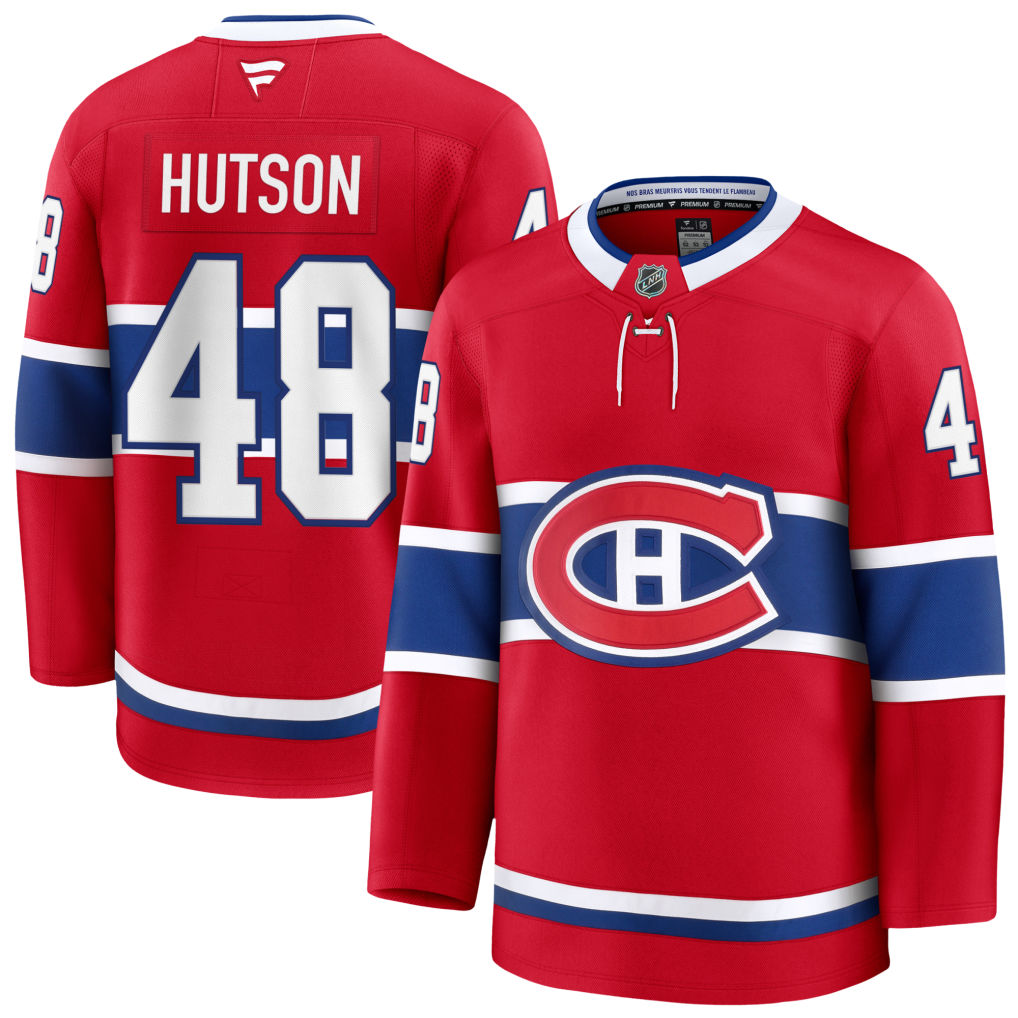 Lane Hutson Montreal Canadiens NHL Fanatics Branded Men Red Premium Jersey product image 3, provided for visual reference