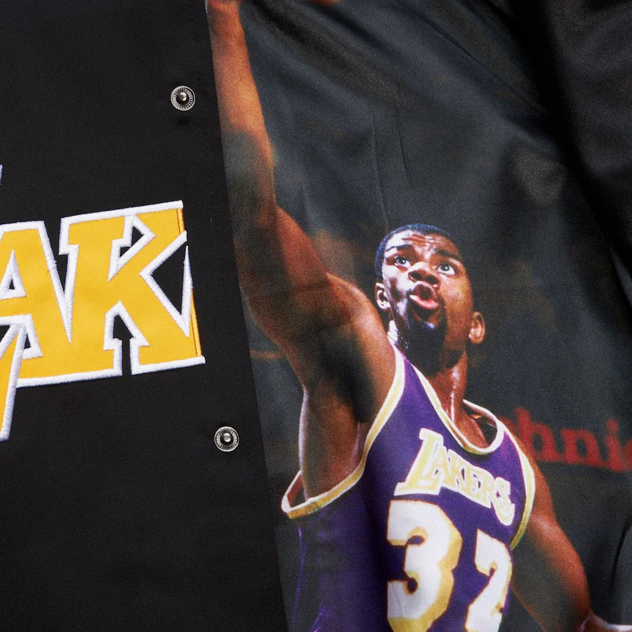 Magic Johnson Los Angeles Lakers Mitchell & Ness Men’s Black/Purple Lightweight Satin Jacket product image 2, provided for