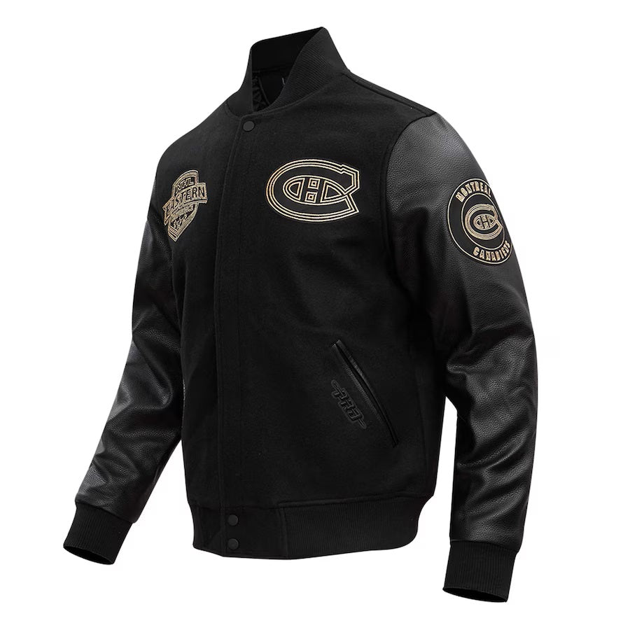 Montreal Canadiens NHL Pro Standard Men Black/Gold Varsity Jacket product image 1, provided for visual reference and product