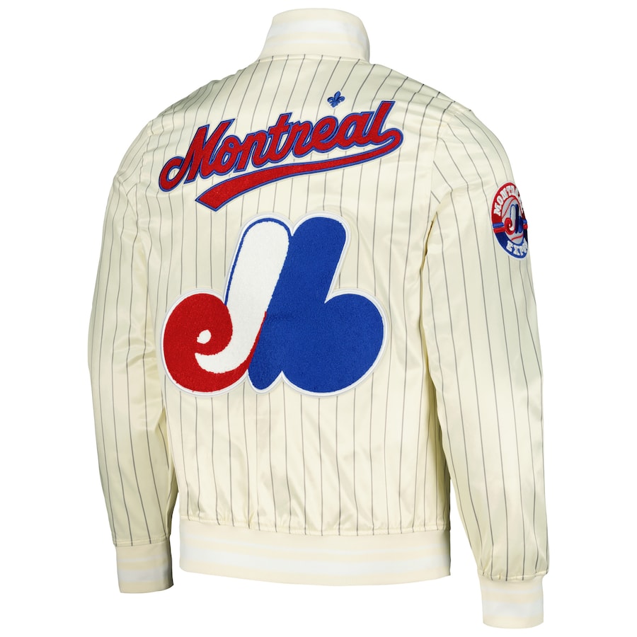 Montreal Expos MLB Pro Standard Men Off-White Cooperstown Pinstripe Satin Jacket product image 2, provided for visual