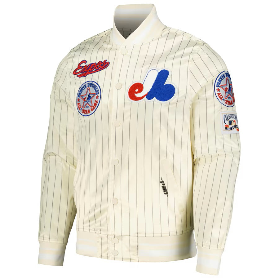 Montreal Expos MLB Pro Standard Men Off-White Cooperstown Pinstripe Satin Jacket product image 1, provided for visual